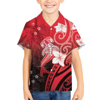 Polynesia Hammerhead Shark Family Matching Off The Shoulder Long Sleeve Dress and Hawaiian Shirt Red Tribal Pattern With Plumeria - Polynesian Pride
