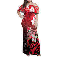 Polynesia Hammerhead Shark Family Matching Off Shoulder Maxi Dress and Hawaiian Shirt Red Tribal Pattern With Plumeria - Polynesian Pride