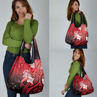 Polynesia Hammerhead Shark Grocery Bag Red Tribal Pattern With Plumeria - Polynesian Pride