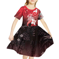 Polynesia Hammerhead Shark Kid Short Sleeve Dress Red Tribal Pattern With Plumeria LT05 - Polynesian Pride