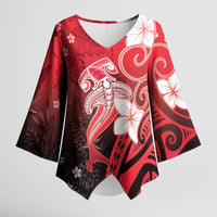 Polynesia Hammerhead Shark Kimono Sleeve Blouse Red Tribal Pattern With Plumeria - Polynesian Pride