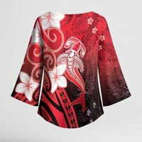 Polynesia Hammerhead Shark Kimono Sleeve Blouse Red Tribal Pattern With Plumeria - Polynesian Pride