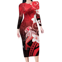 Polynesia Hammerhead Shark Long Sleeve Bodycon Dress Red Tribal Pattern With Plumeria - Polynesian Pride