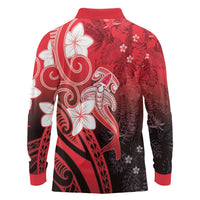 Polynesia Hammerhead Shark Long Sleeve Polo Shirt Red Tribal Pattern With Plumeria LT05 - Polynesian Pride