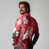 Polynesia Hammerhead Shark Long Sleeve Polo Shirt Red Tribal Pattern With Plumeria LT05 - Polynesian Pride