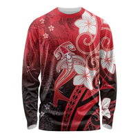 Polynesia Hammerhead Shark Long Sleeve Shirt Red Tribal Pattern With Plumeria LT05 Unisex Red - Polynesian Pride