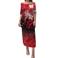 Polynesia Hammerhead Shark Puletasi Red Tribal Pattern With Plumeria LT05 Long Dress Red - Polynesian Pride