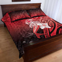 Polynesia Hammerhead Shark Quilt Bed Set Red Tribal Pattern With Plumeria - Polynesian Pride