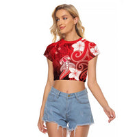 Polynesia Hammerhead Shark Raglan Cropped T Shirt Red Tribal Pattern With Plumeria LT05 Female Red - Polynesian Pride