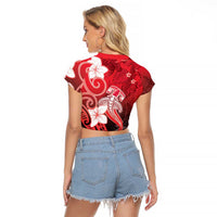 Polynesia Hammerhead Shark Raglan Cropped T Shirt Red Tribal Pattern With Plumeria LT05 - Polynesian Pride