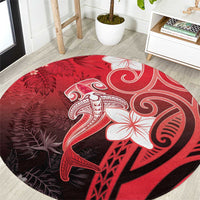 Polynesia Hammerhead Shark Round Carpet Red Tribal Pattern With Plumeria - Polynesian Pride