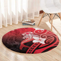 Polynesia Hammerhead Shark Round Carpet Red Tribal Pattern With Plumeria - Polynesian Pride