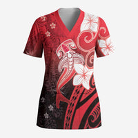 Polynesia Hammerhead Shark Scrub Top Red Tribal Pattern With Plumeria - Polynesian Pride