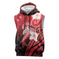 Polynesia Hammerhead Shark Sleeveless Hoodie Red Tribal Pattern With Plumeria - Polynesian Pride
