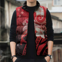 Polynesia Hammerhead Shark Sleeveless Puffer Jacket Red Tribal Pattern With Plumeria - Polynesian Pride