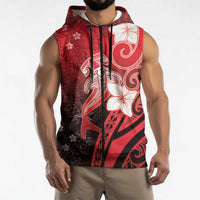 Polynesia Hammerhead Shark Sleeveless Zip Hoodie Red Tribal Pattern With Plumeria - Polynesian Pride