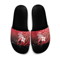 Polynesia Hammerhead Shark Slide Sandals Red Tribal Pattern With Plumeria - Polynesian Pride