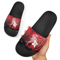 Polynesia Hammerhead Shark Slide Sandals Red Tribal Pattern With Plumeria - Polynesian Pride