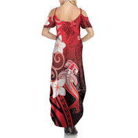 Polynesia Hammerhead Shark Summer Maxi Dress Red Tribal Pattern With Plumeria - Polynesian Pride