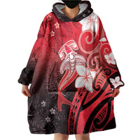 Polynesia Hammerhead Shark Wearable Blanket Hoodie Red Tribal Pattern With Plumeria LT05 - Polynesian Pride