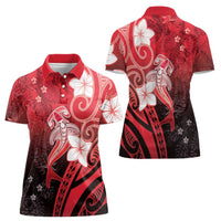 Polynesia Hammerhead Shark Women Polo Shirt Red Tribal Pattern With Plumeria LT05 - Polynesian Pride