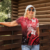 Polynesia Hammerhead Shark Women Polo Shirt Red Tribal Pattern With Plumeria LT05 - Polynesian Pride