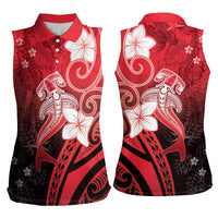 Polynesia Hammerhead Shark Women Sleeveless Polo Shirt Red Tribal Pattern With Plumeria LT05 - Polynesian Pride