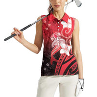 Polynesia Hammerhead Shark Women Sleeveless Polo Shirt Red Tribal Pattern With Plumeria LT05 - Polynesian Pride