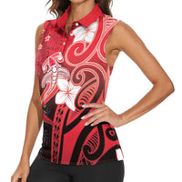 Polynesia Hammerhead Shark Women Sleeveless Polo Shirt Red Tribal Pattern With Plumeria LT05 - Polynesian Pride