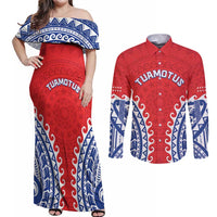Custom Tuamotu Archipelago Couples Matching Off Shoulder Maxi Dress and Long Sleeve Button Shirt Polynesian Tribal Tattoo LT05 Red - Polynesian Pride