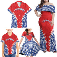 Custom Tuamotu Archipelago Family Matching Off Shoulder Maxi Dress and Hawaiian Shirt Polynesian Tribal Tattoo