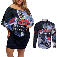 Tuamotu Islands Couples Matching Off Shoulder Short Dress and Long Sleeve Button Shirt Polynesian Pattern With Turtle LT05 Black - Polynesian Pride