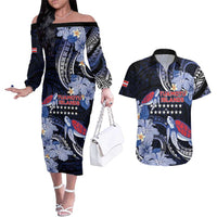 Tuamotu Islands Couples Matching Off The Shoulder Long Sleeve Dress and Hawaiian Shirt Polynesian Pattern With Turtle LT05 Black - Polynesian Pride