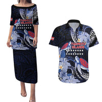 Tuamotu Islands Couples Matching Puletasi and Hawaiian Shirt Polynesian Pattern With Turtle LT05 Black - Polynesian Pride