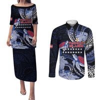 Tuamotu Islands Couples Matching Puletasi and Long Sleeve Button Shirt Polynesian Pattern With Turtle LT05 Black - Polynesian Pride