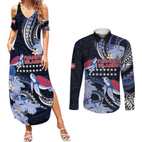 Tuamotu Islands Couples Matching Summer Maxi Dress and Long Sleeve Button Shirt Polynesian Pattern With Turtle LT05 Black - Polynesian Pride