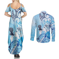 Aotearoa Maori Wahine Couples Matching Summer Maxi Dress and Long Sleeve Button Shirt Fantail Bird Blue Gold Marble