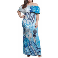 Aotearoa Maori Wahine Family Matching Off Shoulder Maxi Dress and Hawaiian Shirt Fantail Bird Blue Gold Marble