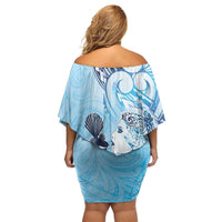 Aotearoa Maori Wahine Family Matching Off Shoulder Short Dress and Hawaiian Shirt Fantail Bird Blue Gold Marble