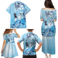 Aotearoa Maori Wahine Family Matching Puletasi and Hawaiian Shirt Fantail Bird Blue Gold Marble
