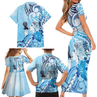 Aotearoa Maori Wahine Family Matching Short Sleeve Bodycon Dress and Hawaiian Shirt Fantail Bird Blue Gold Marble