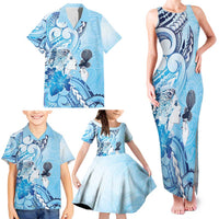 Aotearoa Maori Wahine Family Matching Tank Maxi Dress and Hawaiian Shirt Fantail Bird Blue Gold Marble