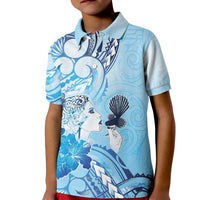 Aotearoa Maori Wahine Kid Polo Shirt Fantail Bird Blue Gold Marble LT05 Kid Blue - Polynesian Pride