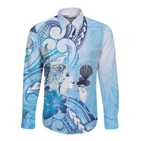 Aotearoa Maori Wahine Long Sleeve Button Shirt Fantail Bird Blue Gold Marble LT05 Unisex Blue - Polynesian Pride