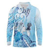 Aotearoa Maori Wahine Long Sleeve Polo Shirt Fantail Bird Blue Gold Marble