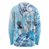 Aotearoa Maori Wahine Long Sleeve Shirt Fantail Bird Blue Gold Marble LT05 - Polynesian Pride
