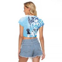 Aotearoa Maori Wahine Raglan Cropped T Shirt Fantail Bird Blue Gold Marble