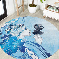 Aotearoa Maori Wahine Round Carpet Fantail Bird Blue Gold Marble