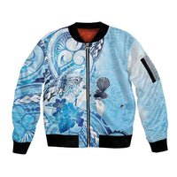 Aotearoa Maori Wahine Sleeve Zip Bomber Jacket Fantail Bird Blue Gold Marble LT05 Unisex Blue - Polynesian Pride
