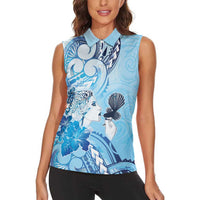 Aotearoa Maori Wahine Women Sleeveless Polo Shirt Fantail Bird Blue Gold Marble